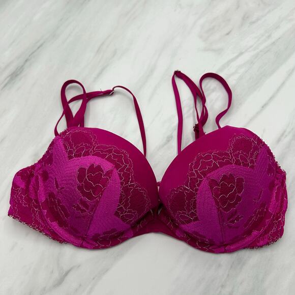 Victoria’s Secret Very Sexy Push Up Bra 34C Metallic Fuchsia Pink Lace Underwire - Picture 6 of 13